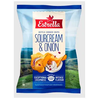 Kettle Cooked hapukoore-sibulamaitselised kartulikrõpsud, ESTRELLA, 120 g