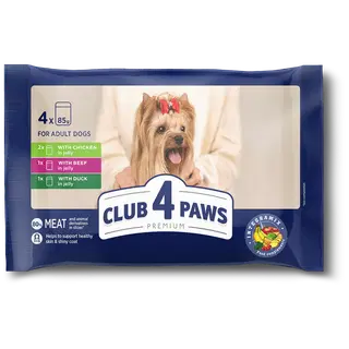 Club4Paws Premium konserv täiskasvanud koertele MIX: kanaga tarretises, veiseliha tarretises, pardiliha tarretises (4 × 85 g), 340 g