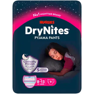 Huggies DryNites mähkmed tüdrukutele vanuses 8-13 a. 30-48kg 9tk