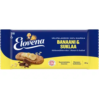 Elovena banaani- ja šokolaadimaitseline küpsis täisterakaerast (100%) 30 g