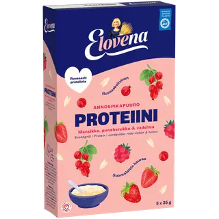 Elovena maasika, punase sõstra ja vaarika maitsega proteiinirikas kiirkaerahelbepuder, 175 g