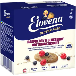 Elovena gluteenivaba vaarika-mustika vahepalaküpsis 9 x 18 g