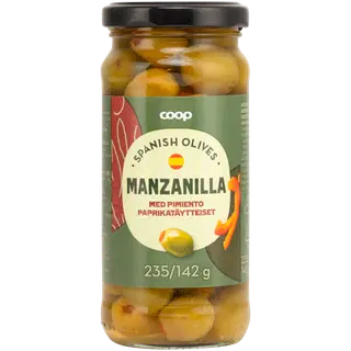 Coop Manzanilla rohelised oliivid paprikatäidisega, 235 g