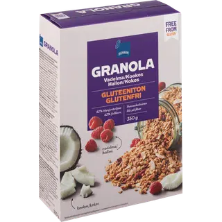 Rainbow krõbe gluteenivaba granola külmkuivatatud vaarikatükkide ja kookoslaastudega 350g