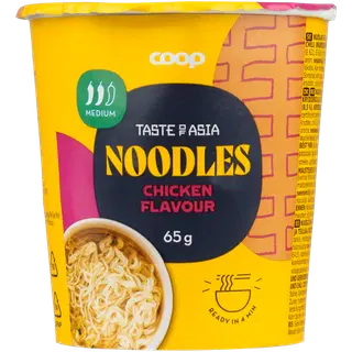 Coop kiirnuudlid(86%) ja maitseainesegu kanamaitse (8,5%), maitseõli ja tšilliga 65g
