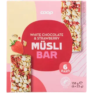 Coop müslibatoon jogurtipulbriga valge šokolaadi tükkidega 3% ja külmkuivatud maasikatükkidega 1% 138g