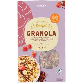 Coop granola külmkuivatatud vaarikatükkidega 2% ja kakaopulbriga 1,6%  450g