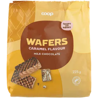 Coop kakao- ja karamellimaitselised vahvlid piimašokolaadikatte 42 % ja kreemitäidisega 38 % 225g