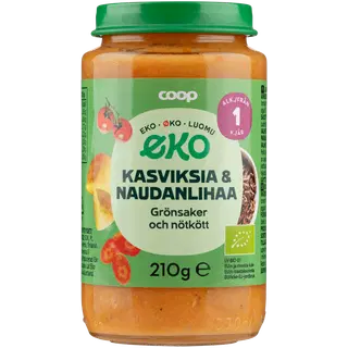 Coop köögivilja- ja veiselihapüree 12k, 210g