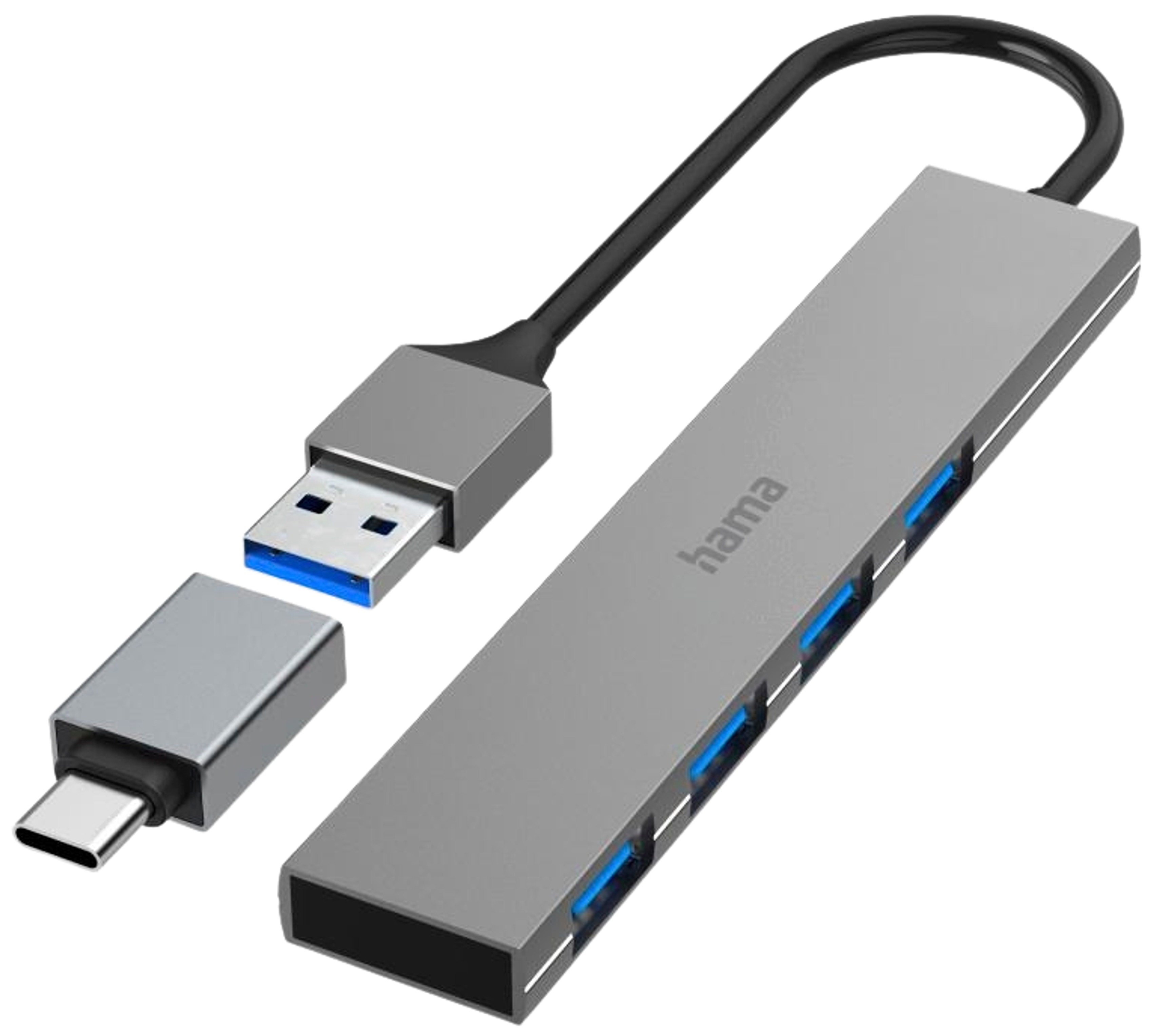 Hama USB-hubi, 4-porttinen, USB-A uros, USB-C adapteri, 4 x USB-A, USB 3.2 Gen 1, 5 Gbit/s, Ultra-slim, 0,15 m