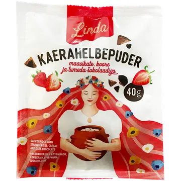 Linda kaerahelbepuder maasikate, koore ja tumeda šokolaadiga 40g