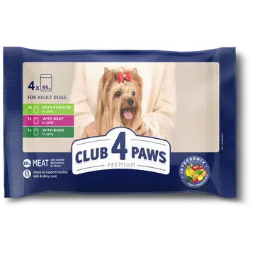 Club4Paws Premium konserv täiskasvanud koertele MIX: kanaga tarretises, veiseliha tarretises, pardiliha tarretises (4 × 85 g), 340 g