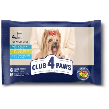 Club4Paws Premium konserv täiskasvanud koertele MIX: lambalihaga kastmes, küülikuliha kastmes, lõhe kastmes 4 × 85 g