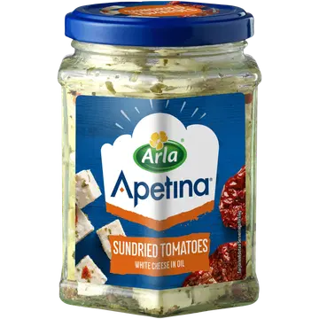 Arla Apetina vahemerepärase valge juustu kuubikud maitseõlis päikesekuivatatud tomatitega 265g/140 g