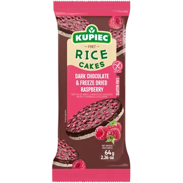 Kupiec riisivahvlid tum šok ja külmkuivatatud vaarikatükkidega 64 g
