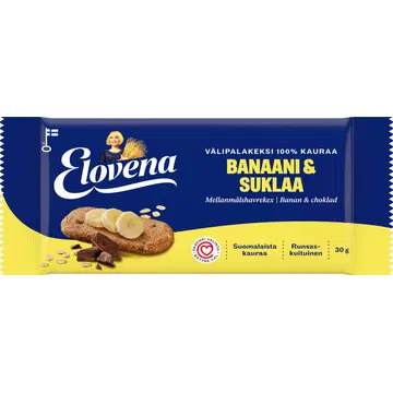 Elovena banaani- ja šokolaadimaitseline küpsis täisterakaerast (100%) 30 g