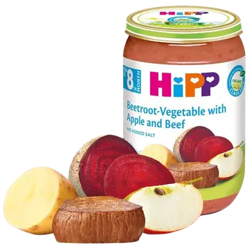 Hipp peedi-juurvilja-õunapüree loomalihaga 220g, alates 8-elukuust glüteenivaba