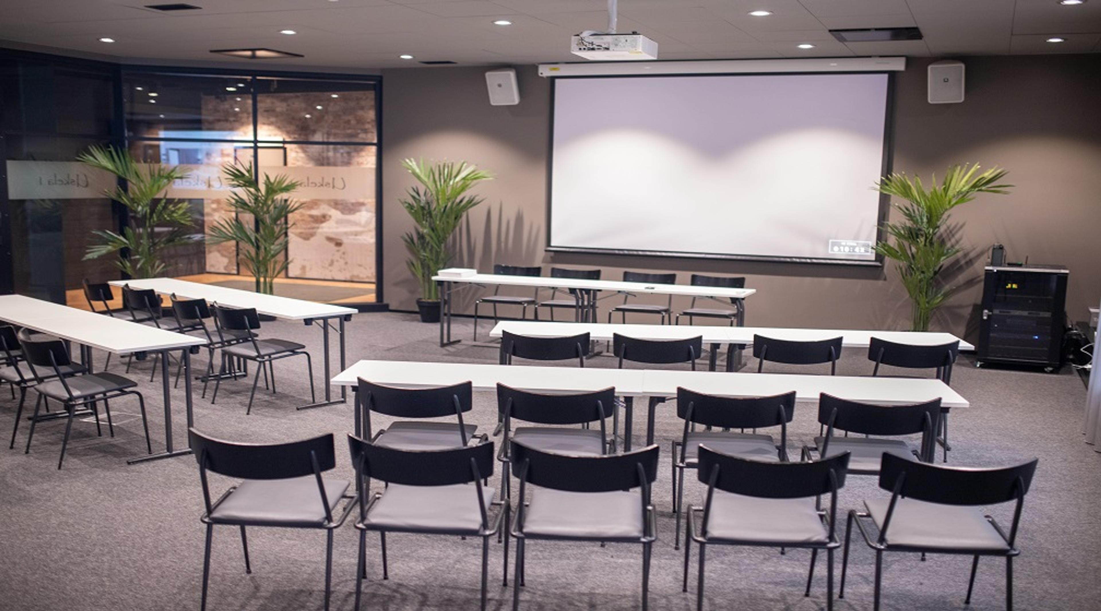 Konferensrum med bord och stolar i seminarieuppställning, projektorduk framme och gröna växter på båda sidor. Golvet är en jämn heltäckningsmatta i grått.