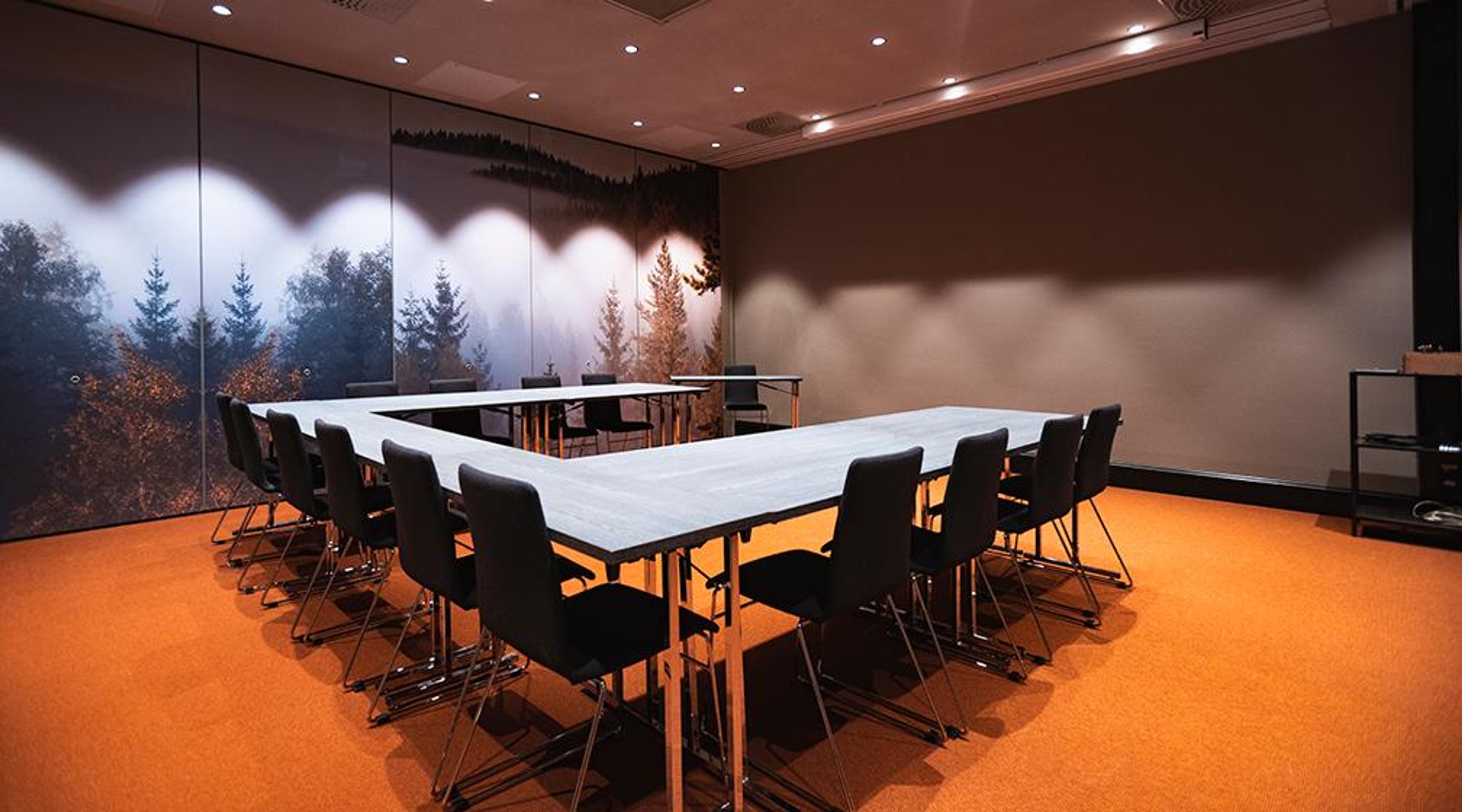 Meeting room with U-shaped table, black chairs and orange carpet. Forest landscape image on wall.