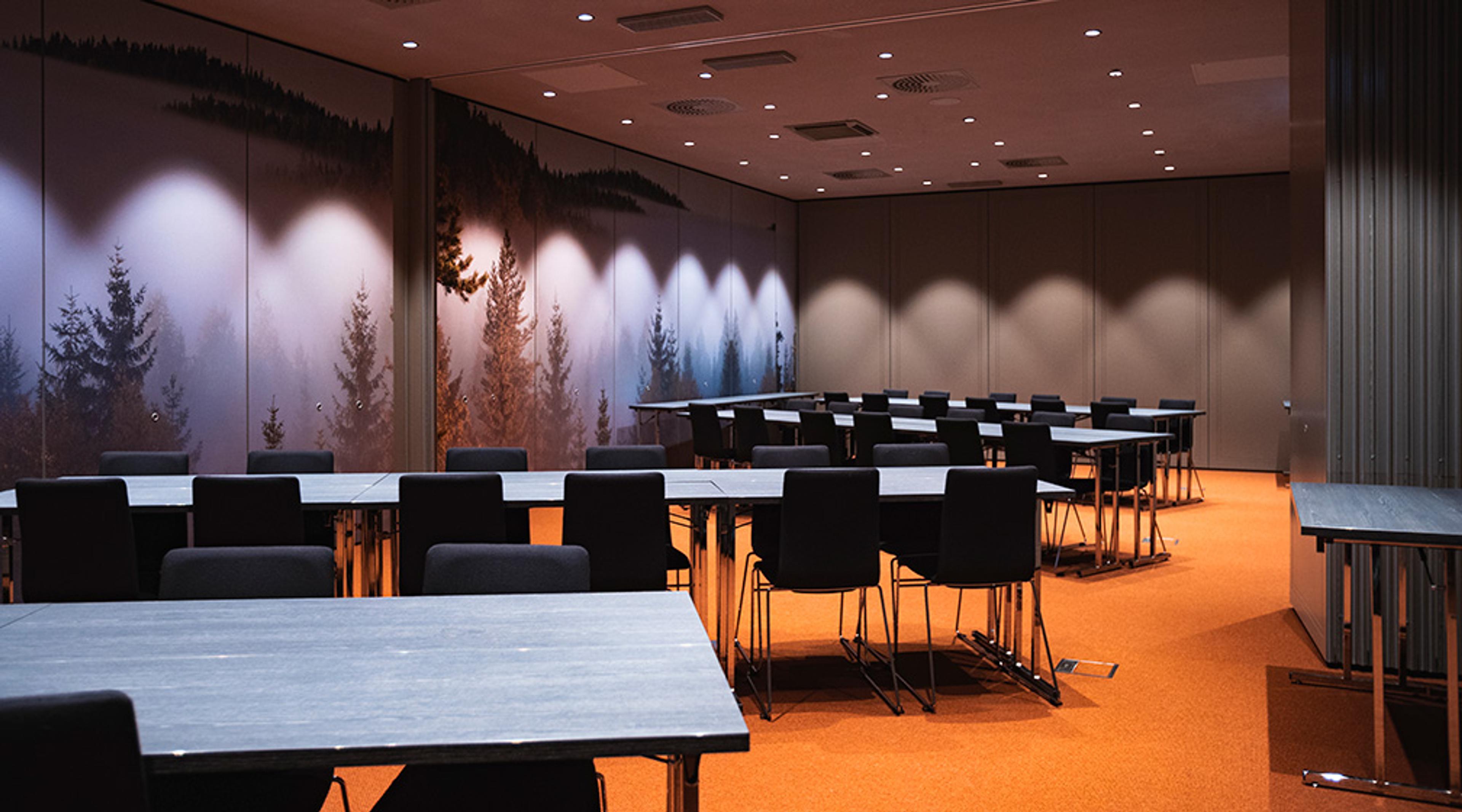 Conference room with white tables and black chairs. Forest landscape images on walls and orange carpeted floor. Well-lit space.