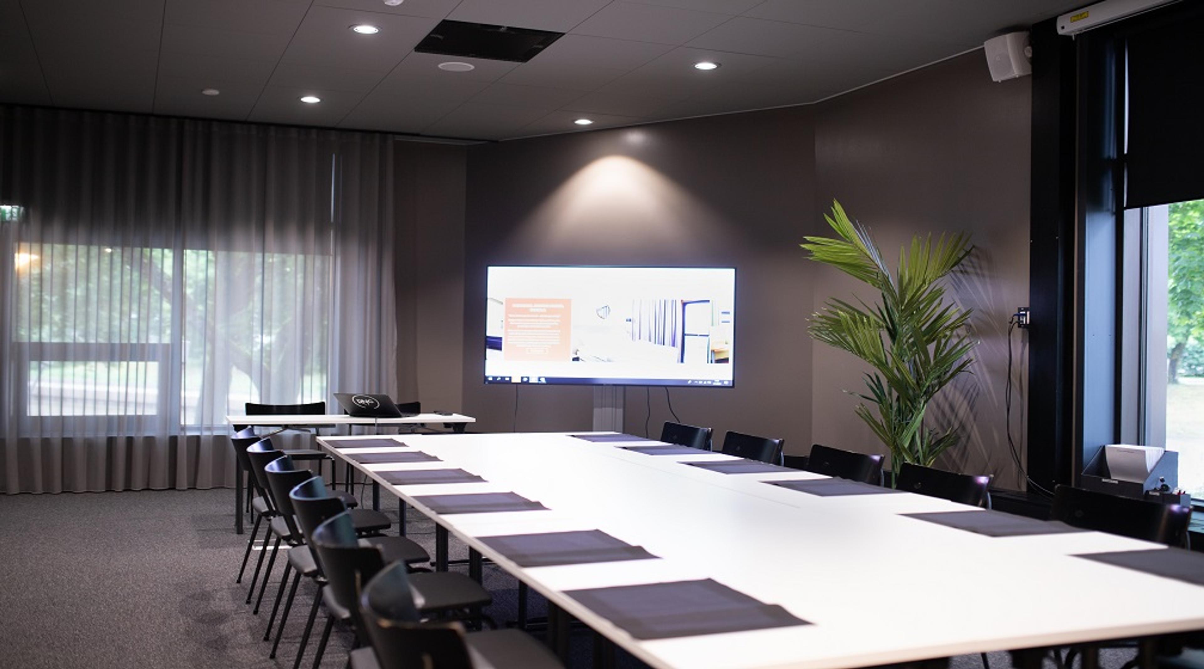 Modernt mötesrum med långt vitt bord, svarta stolar, skärm på väggen och en grön växt i hörnet.