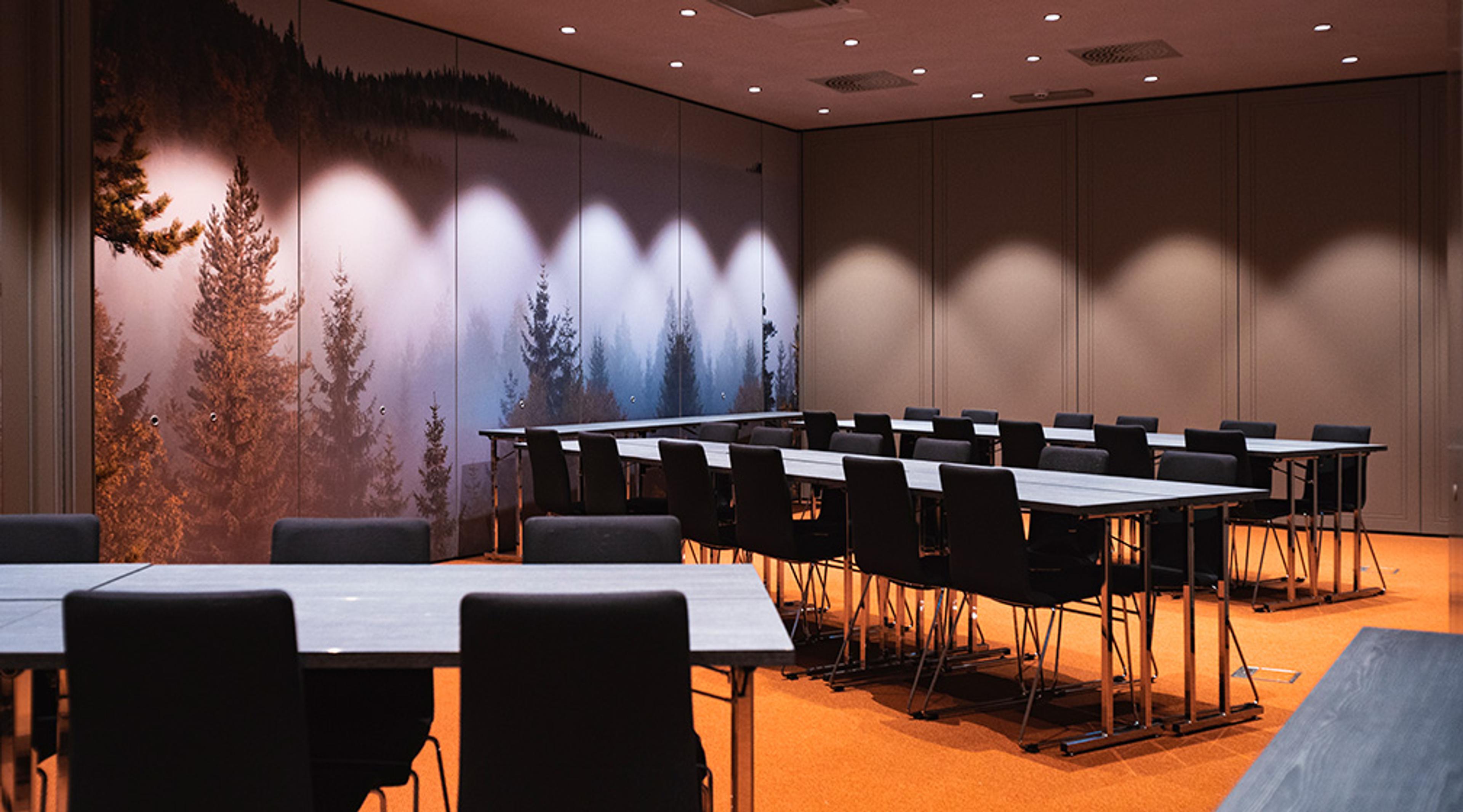 Kokoushuone, jossa pöydät järjestetty riveihin. Taustalla metsämaisematapetti, jossa havupuita. Tilassa on oranssi lattia ja tasainen valaistus katossa.