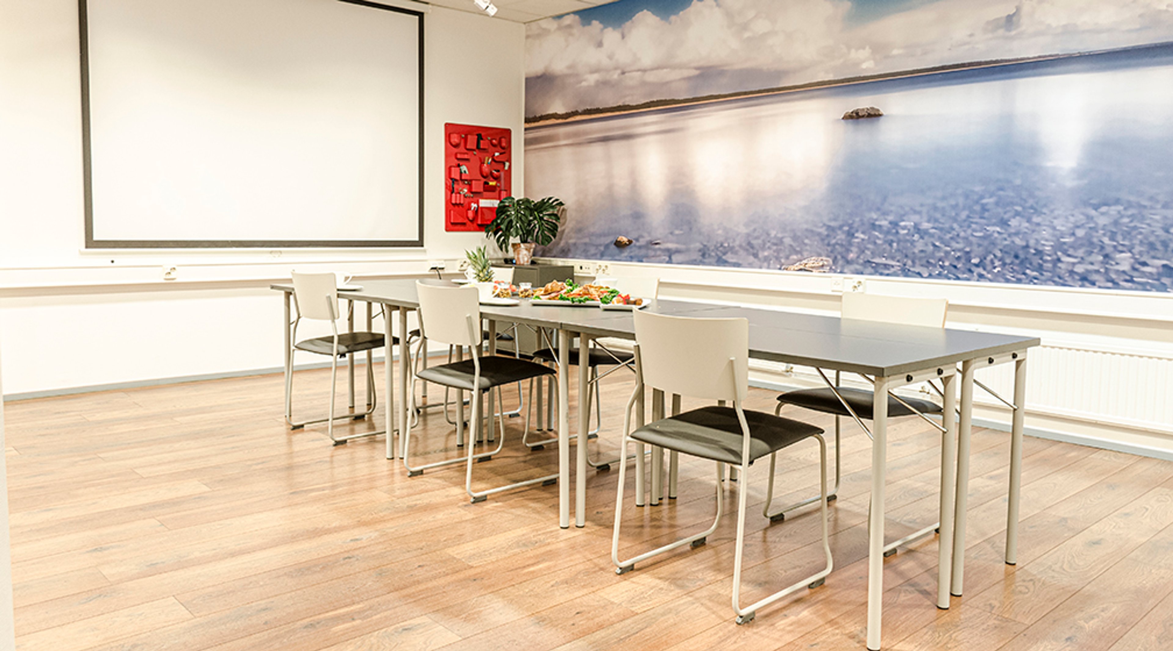 Kokoustila vaalealla puulattialla. Pöydillä tarjoiluja, seinällä valkokangas ja maisemakuva merestä. Punainen tauluteos ja viherkasvi huoneen sivulla.