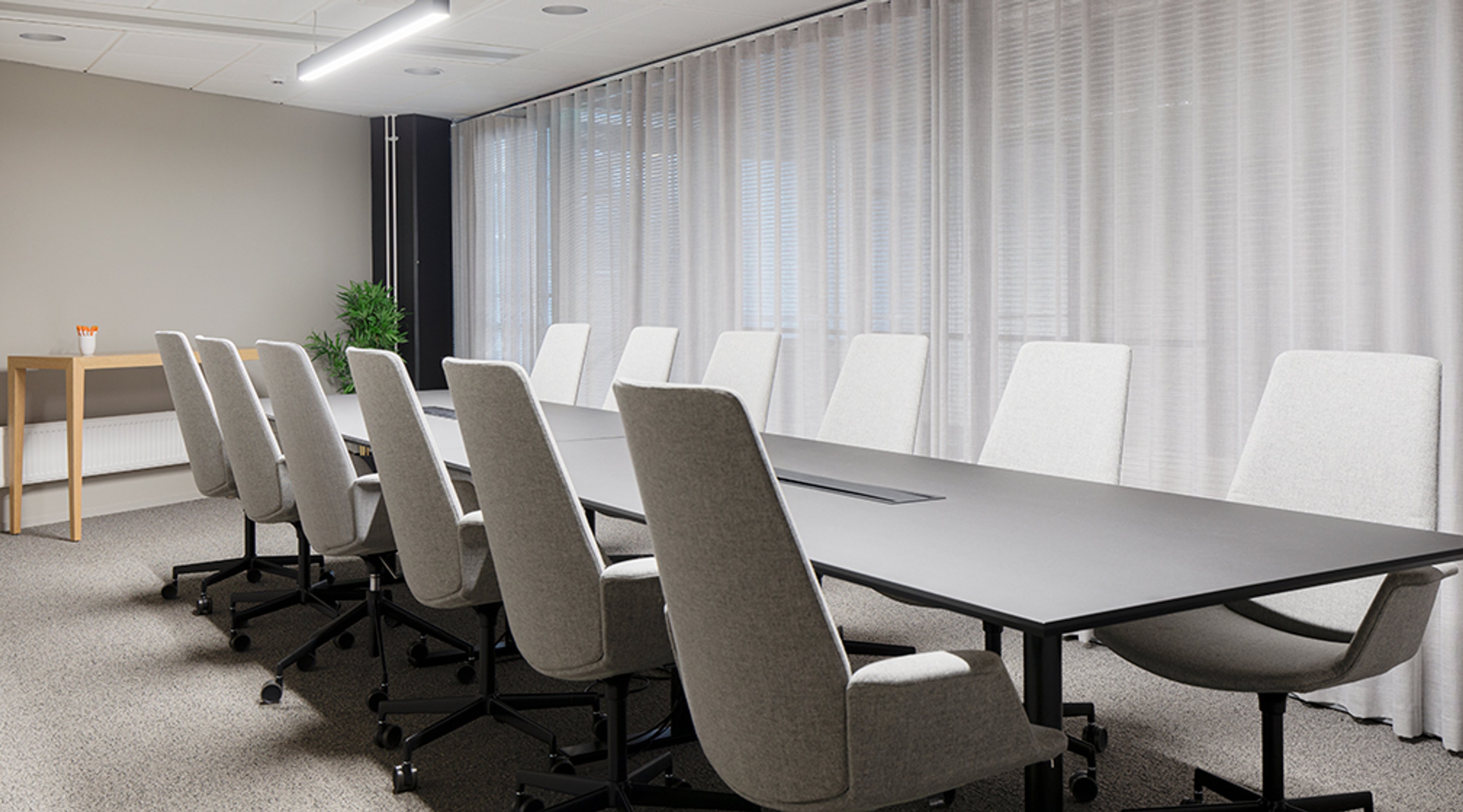 Modern conference room with a large table and light-colored office chairs. Translucent white curtains on the back wall and a green plant on a side table.