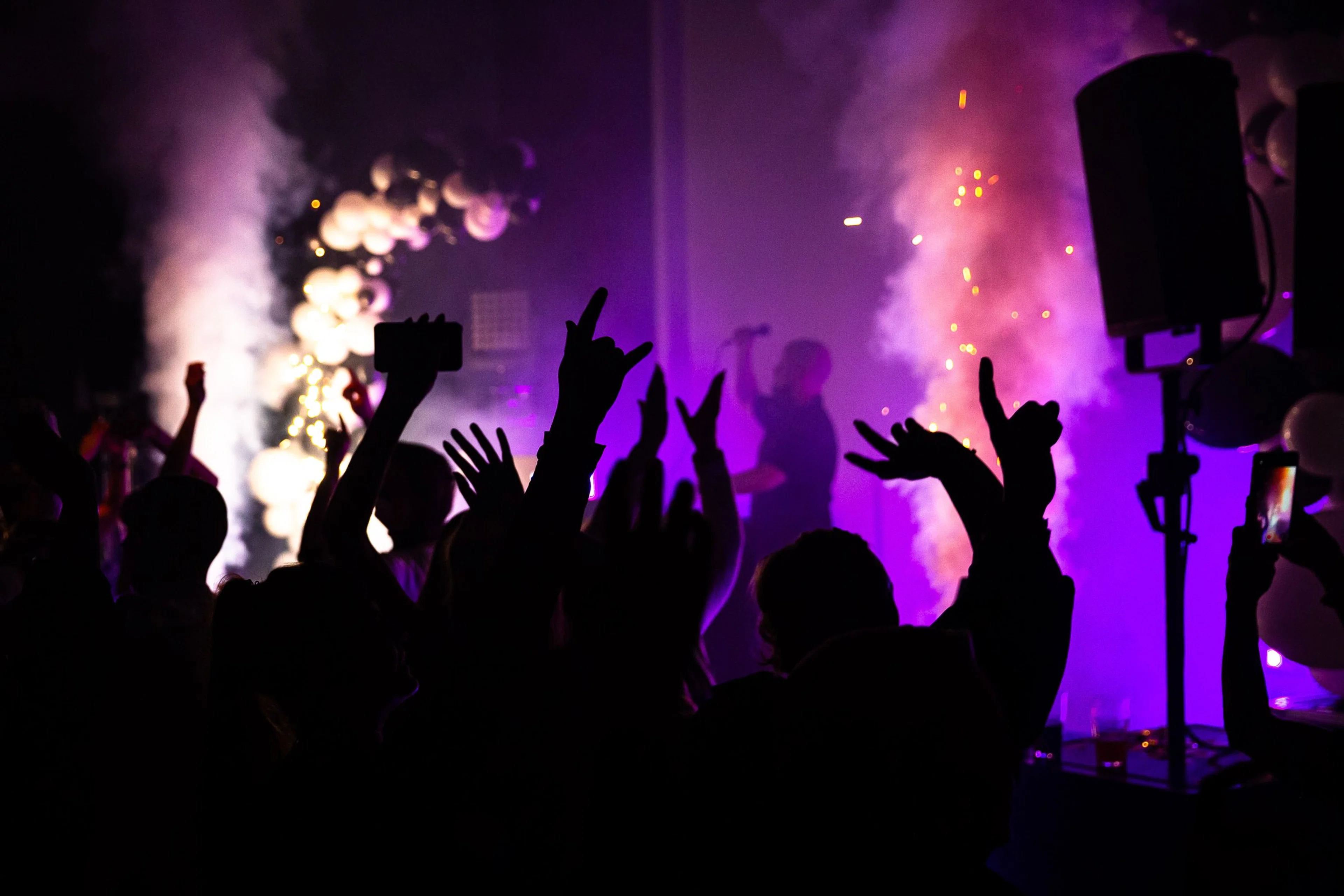 Konsertin yleisön siluetteja nostamassa käsiä ilmaan, taustalla violetti savuvalaistus ja kaiuttimet.