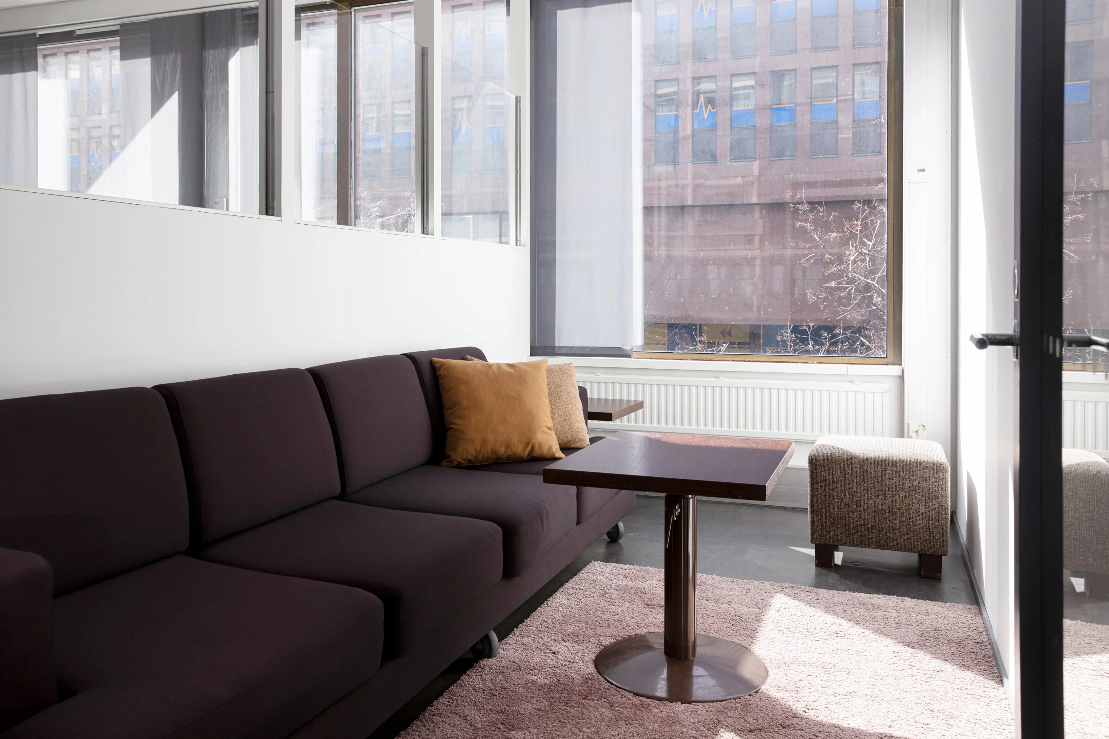 Moderni oleskelutila, jossa tumma sohva värikkäillä tyynyillä, puinen pöytä ja vaaleanpunainen matto. Isot ikkunat tuovat luonnonvaloa.