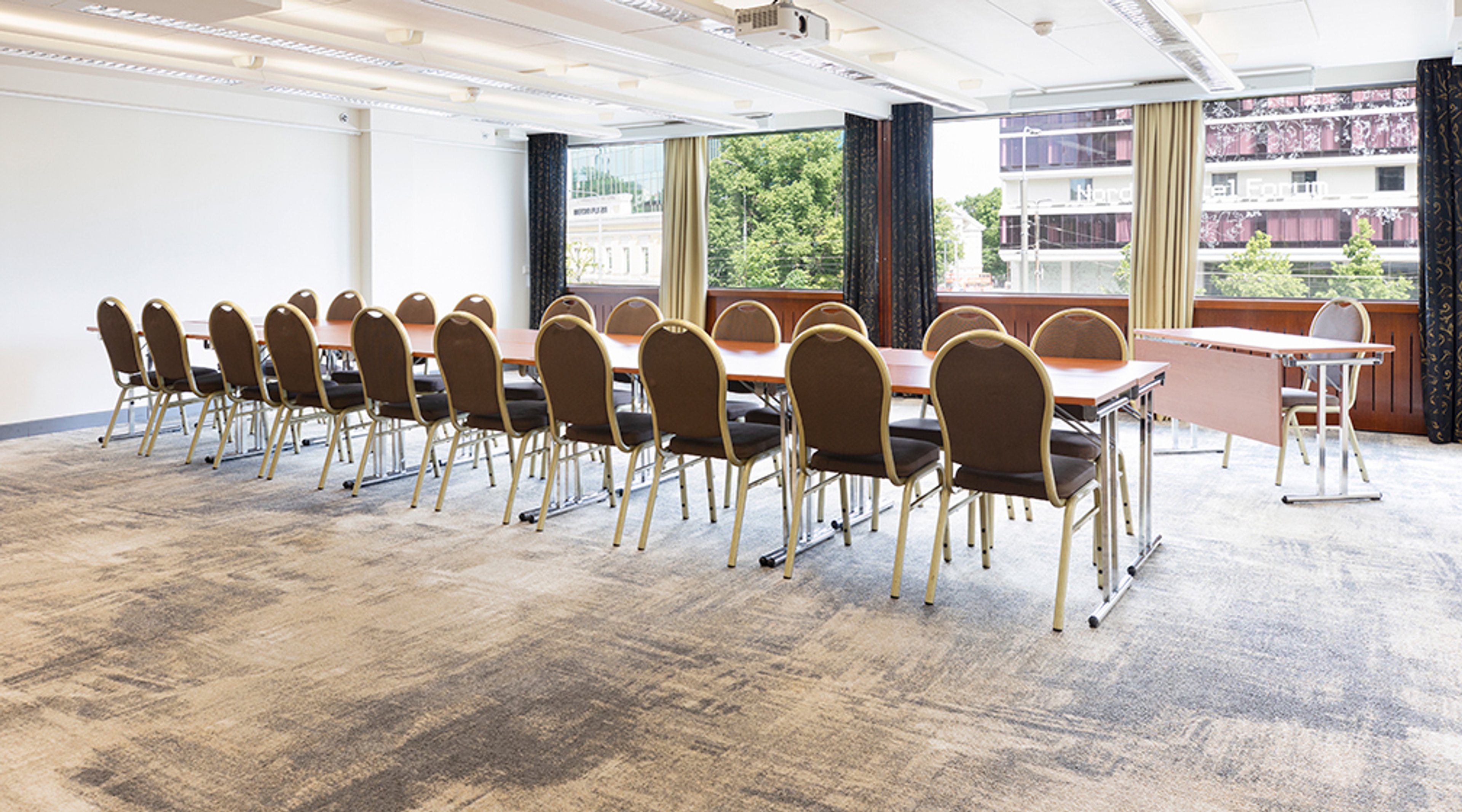 Conference room with long table and brown chairs. Room has large windows and even wall-to-wall carpeting.