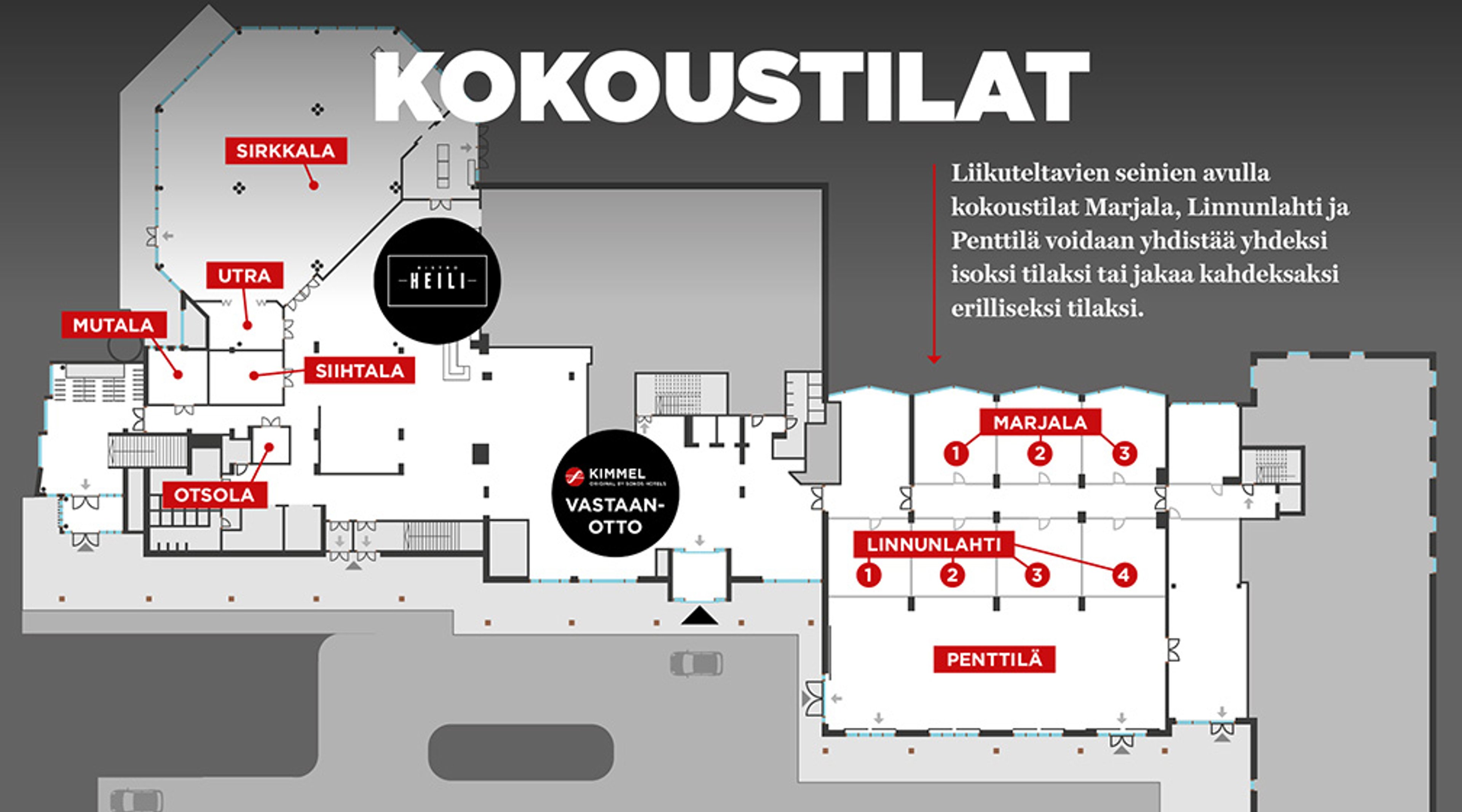 Pohjapiirros konferenssikeskuksen kokoustiloista, jossa näkyy eri saleja: Sirkkala, Utra, Mutala, Siihtala, Otsola, Marjala, Linnunlahti ja Penttilä.