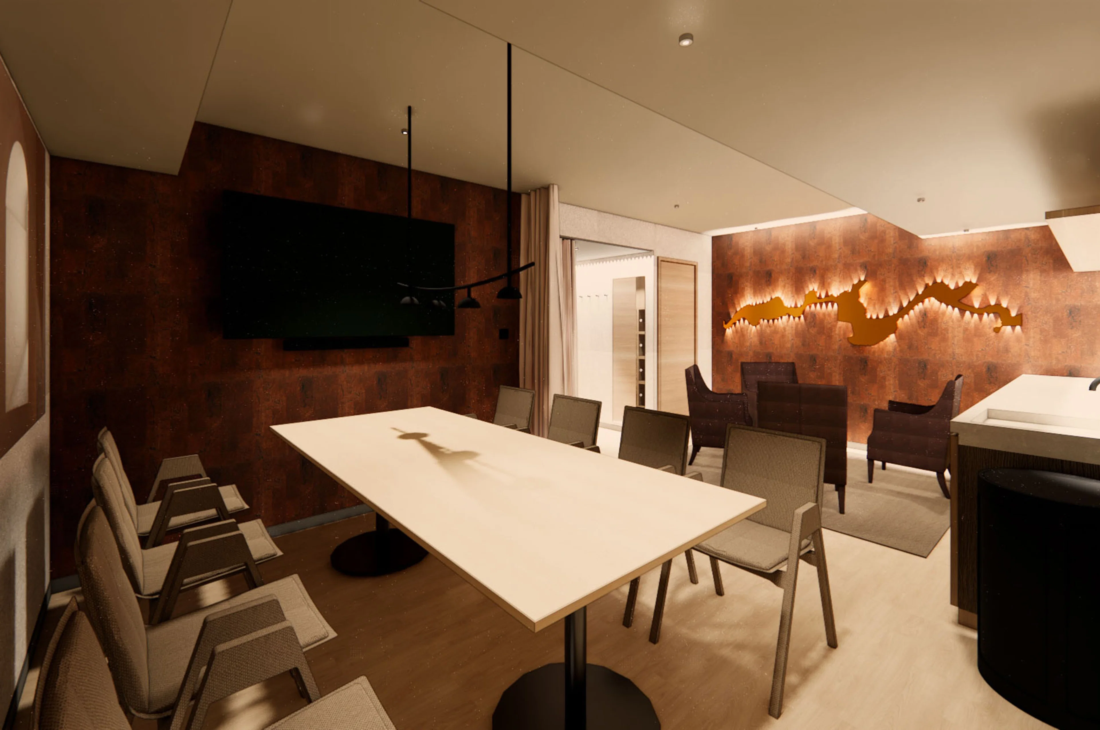 Moderni kokoushuone valkoisella pöydällä ja tuoleilla. Seinät kupariset, oikealla seinällä valaistu taideteos. Taustatilassa nojatuoleja.