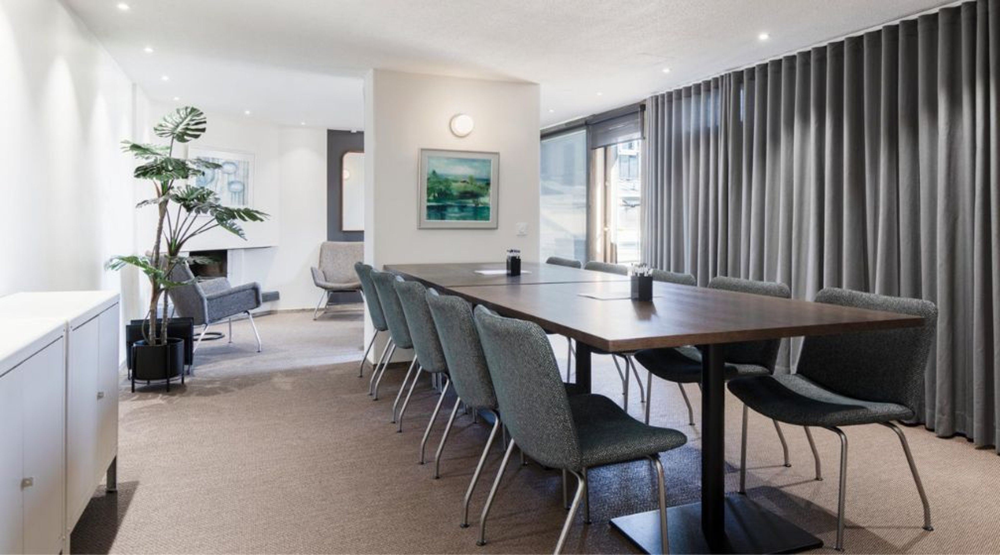 Bright meeting room with long wooden table, grey chairs, plants, and large window curtains. Floor covered with low-pile carpet.
