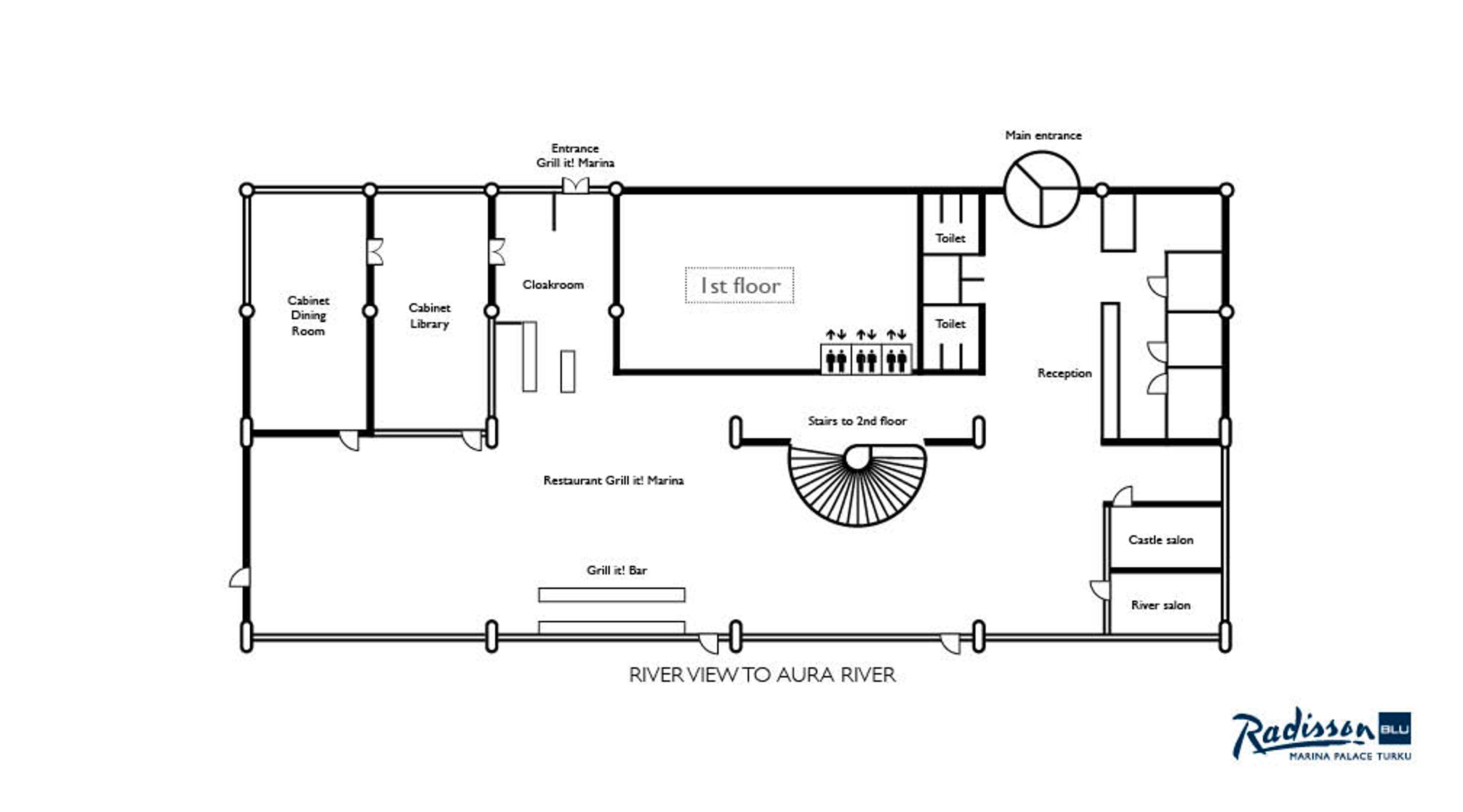 Pohjapiirros Radisson Blu Marina Palace -hotellin ensimmäisestä kerroksesta, jossa näkyy ravintola, vastaanotto, WC-tilat ja portaat toiseen kerrokseen. Näkymä Aurajoen suuntaan.