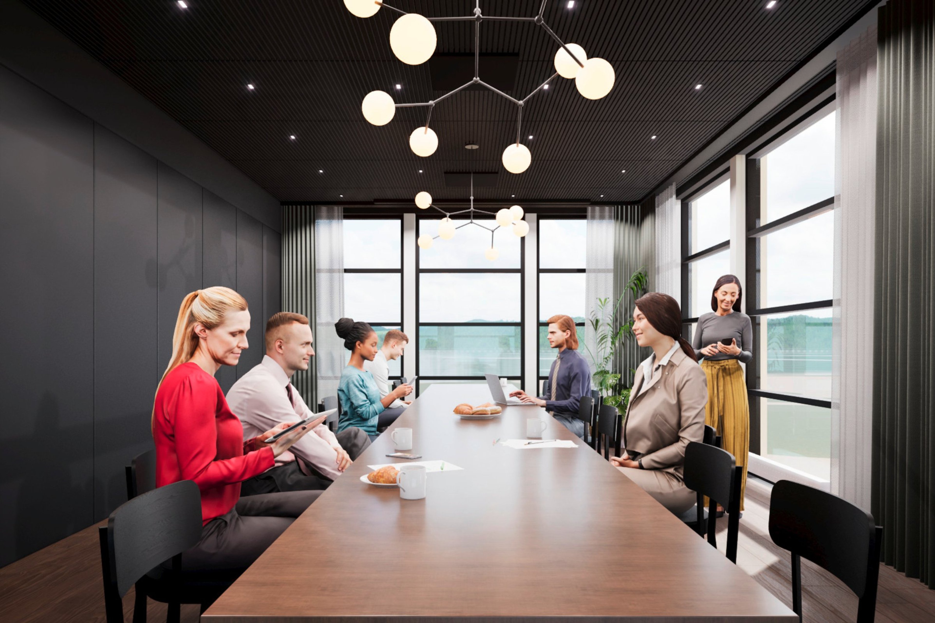 Moderni ja valoisa neuvotteluhuone isoilla ikkunoilla ja järvinäköalalla.