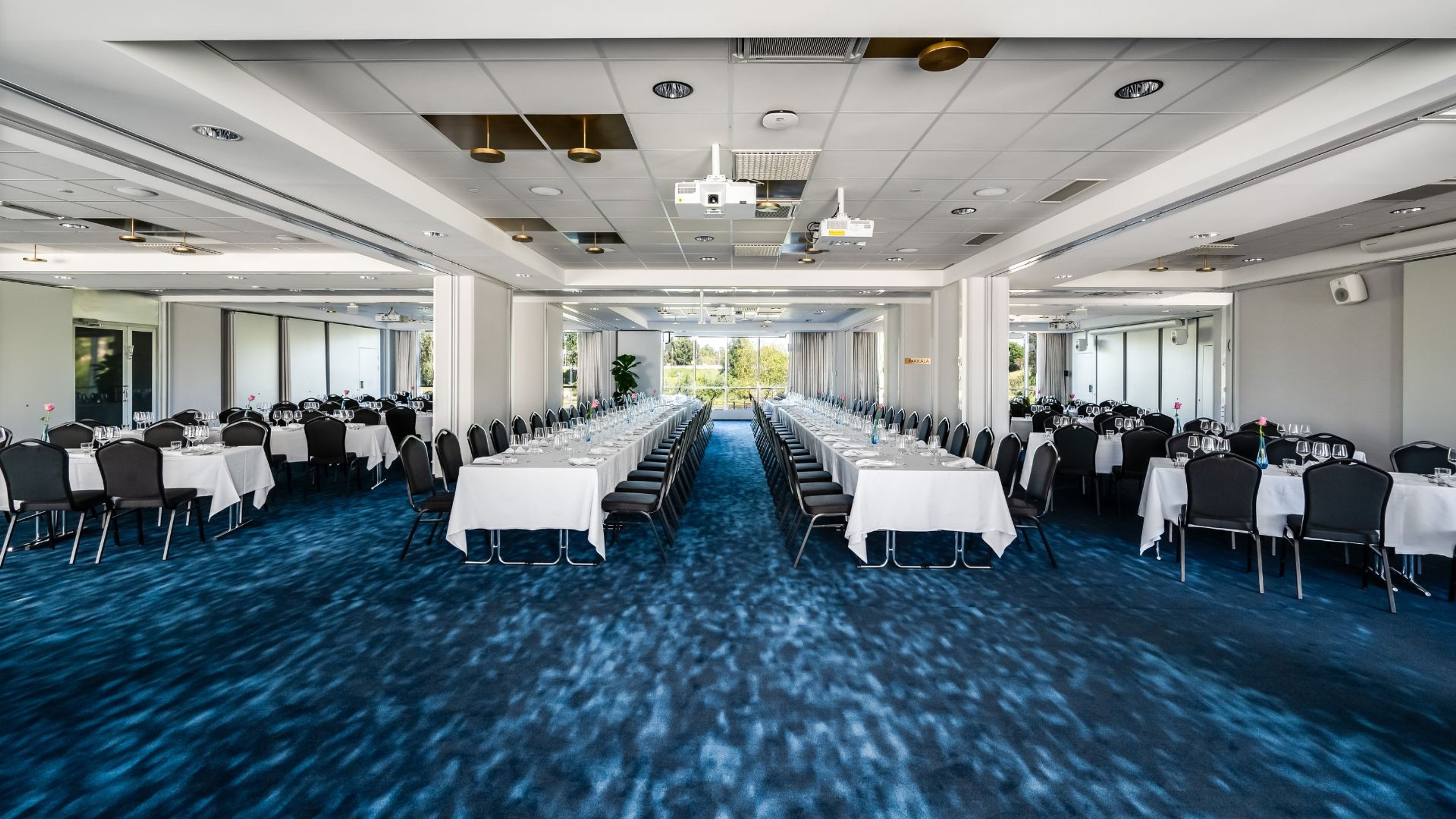 Tilava kokoustila sinisellä kokolattiamolla, valkoisilla pöydillä ja mustilla tuoleilla. Tila on valaistu hyvin, takaseinällä ikkunat luonnonvalolla.