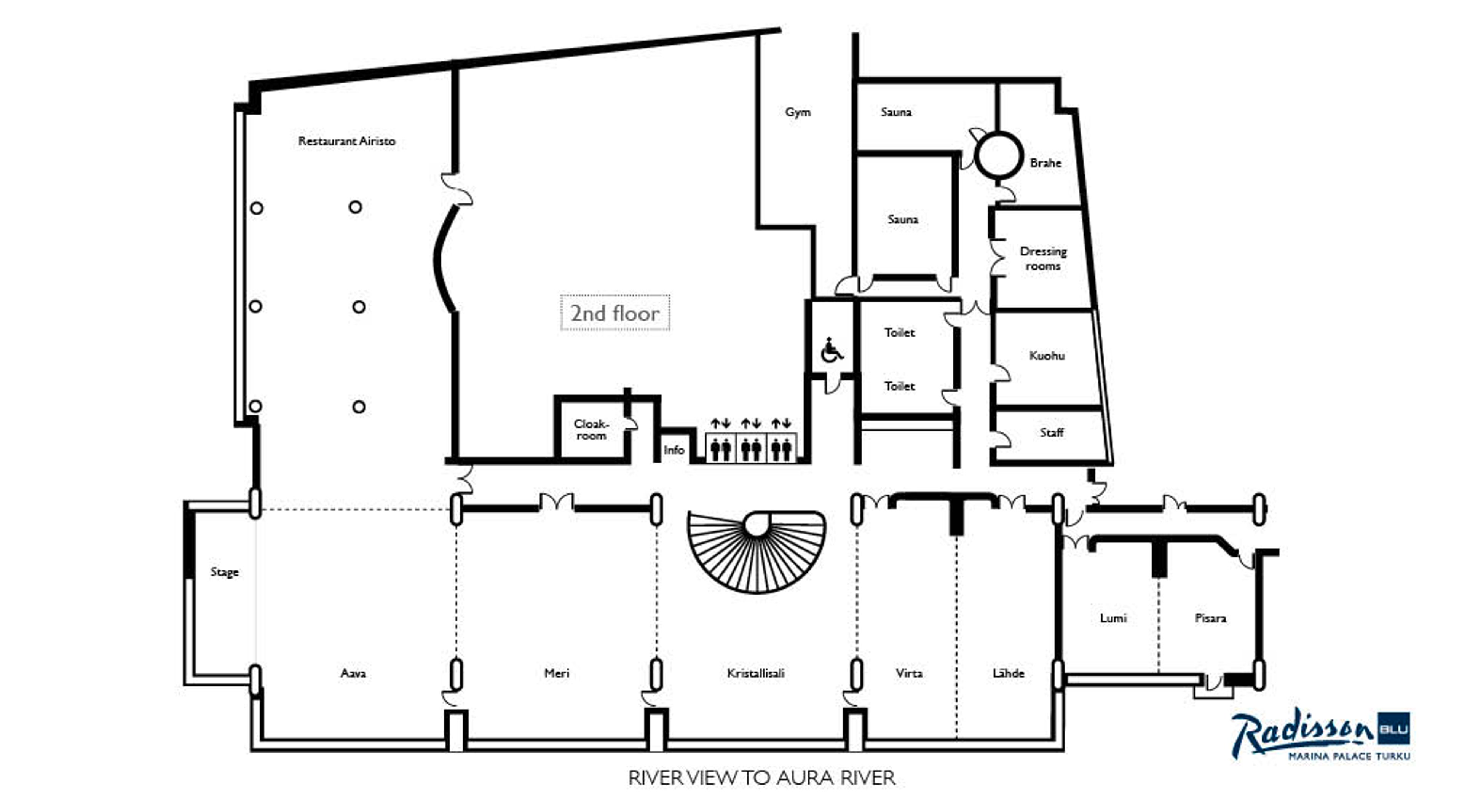 Floor plan of Radisson Blu Marina Palace second floor showing Restaurant Airisto, sauna facilities, gym, and various meeting rooms with river views.