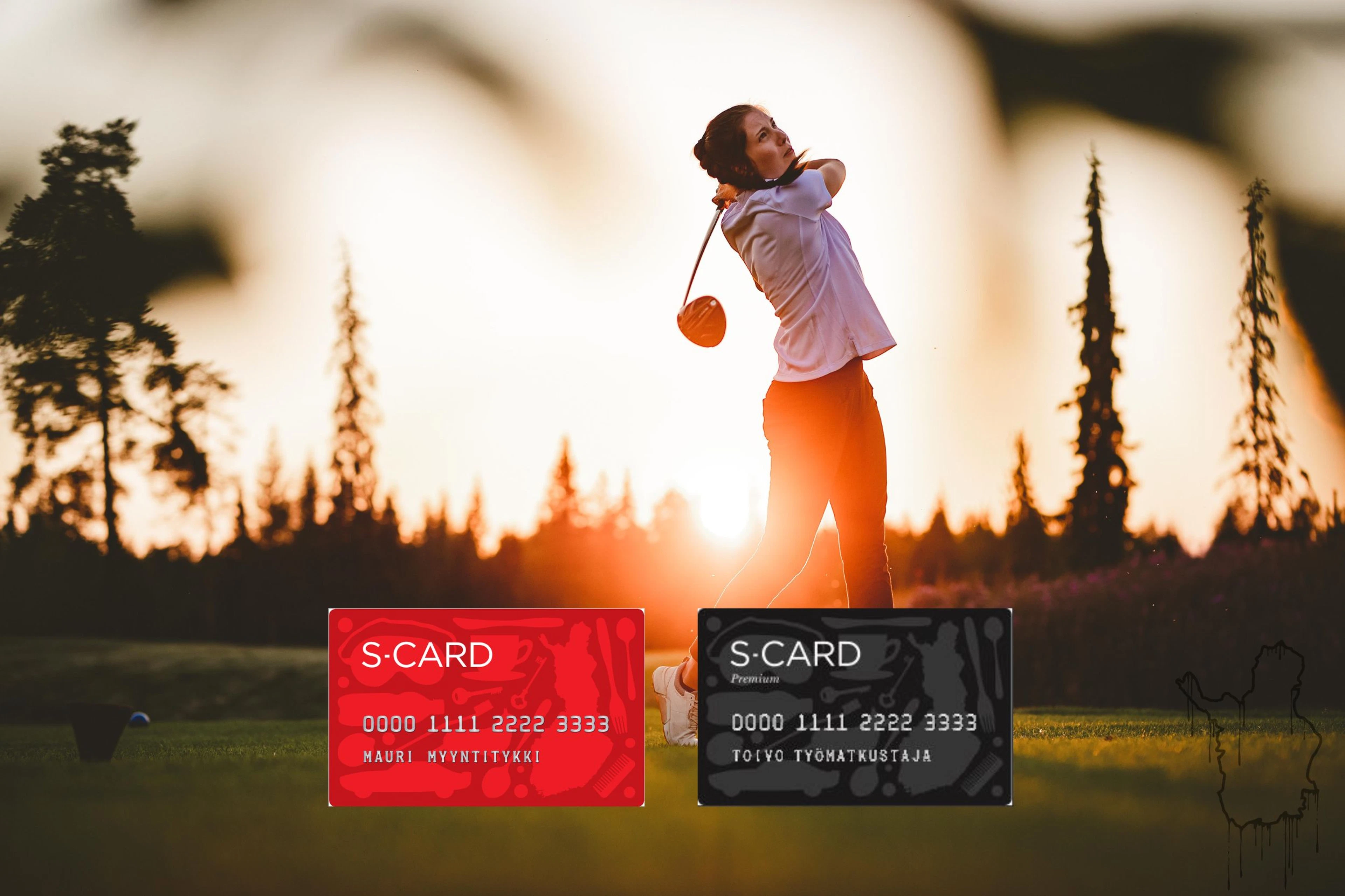 Golfer swinging at sunset on a forested course.
