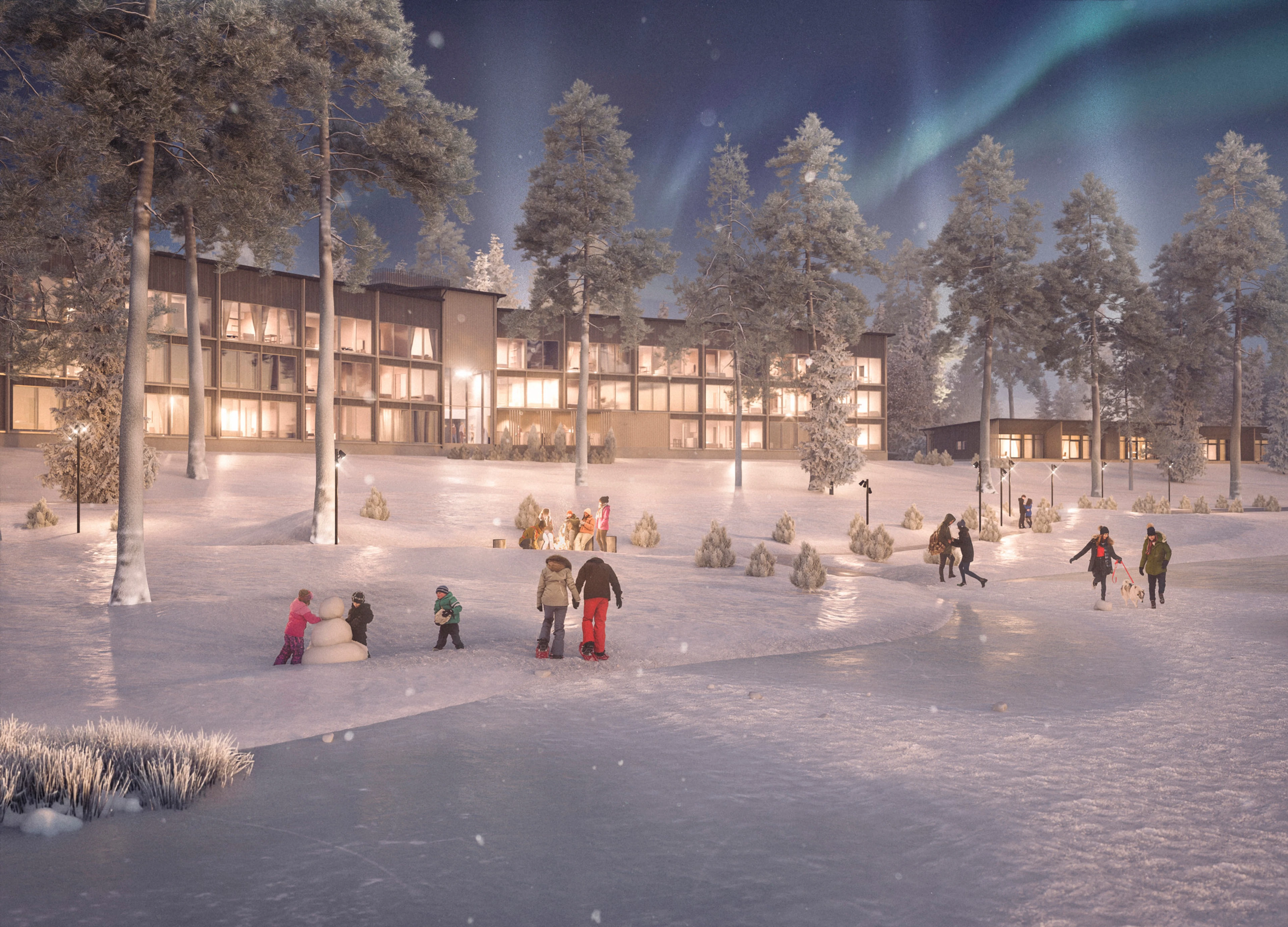 Break Sokos Hotel Vuokatin uudet lomahuoneistot Särkisen rannalla talvella kuvattuna.