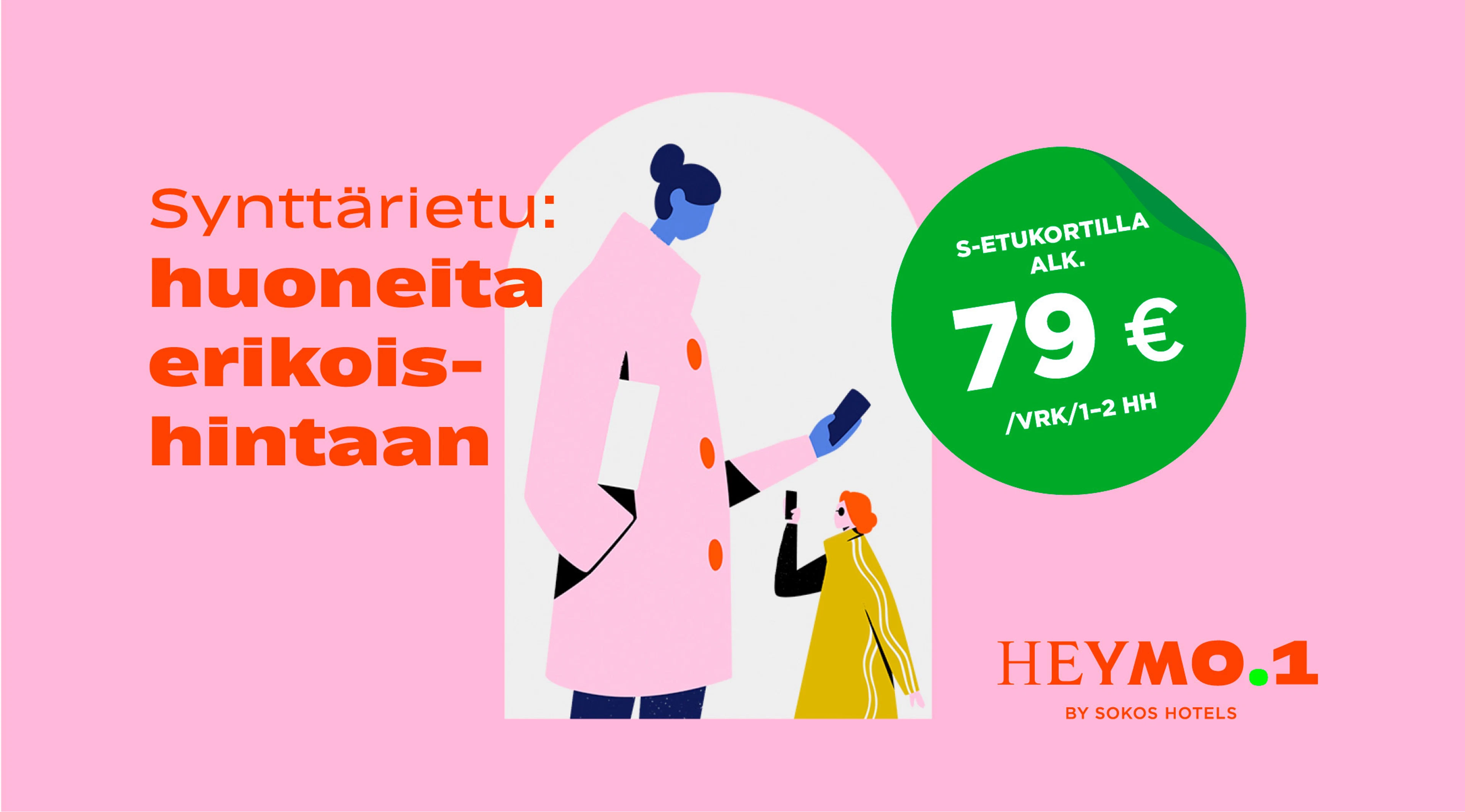 Illustrated hotel advertisement featuring two cartoon figures against a pink background. Price of 79€ shown in a green circle.