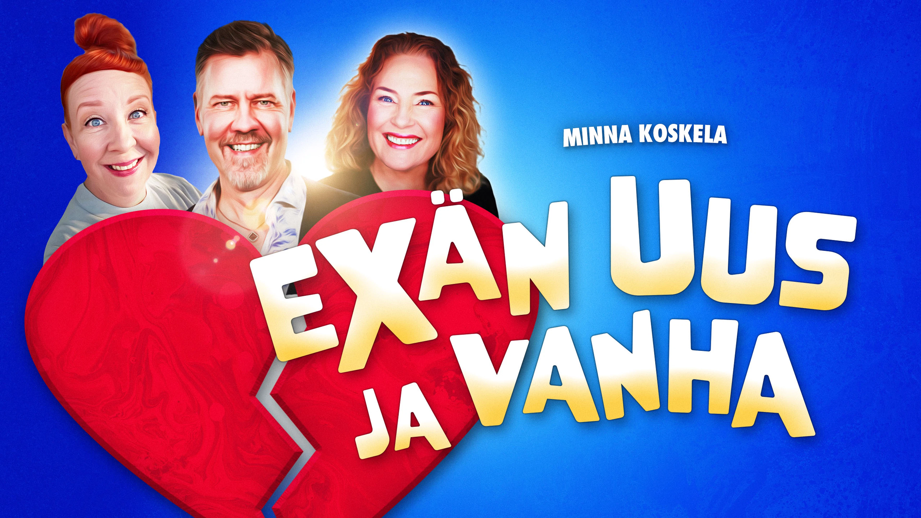 Teatteriesityksen juliste, jossa punaisella sydämellä ja kolmella henkilöllä sinisellä taustalla.