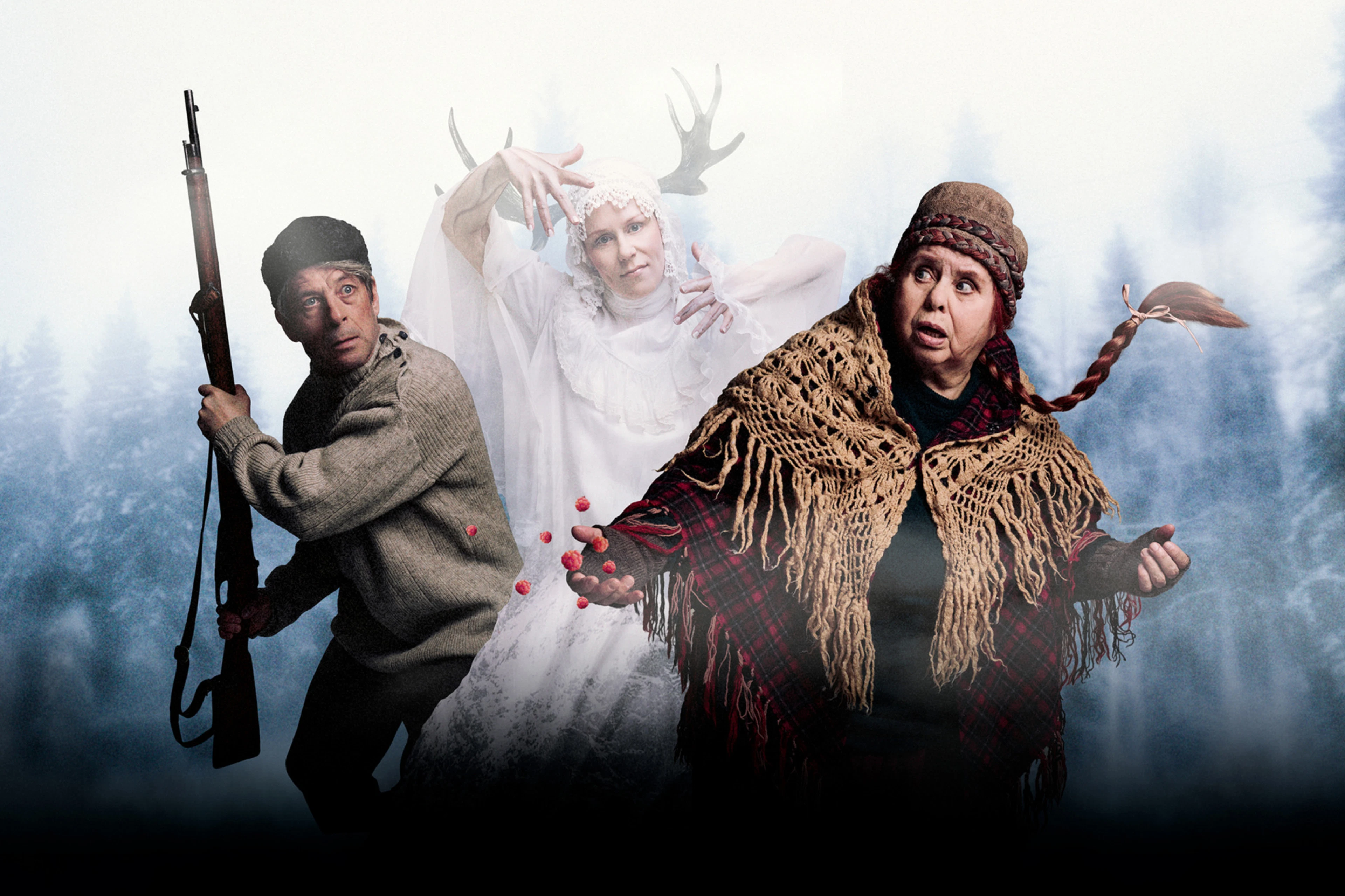 Teatteriesityksen promokuva metsäisessä maisemassa: kolme hahmoa perinteisissä asuissa – metsästäjä kiväärillä, valkoinen metsän henki ja vanhempi nainen kansallisasussa.