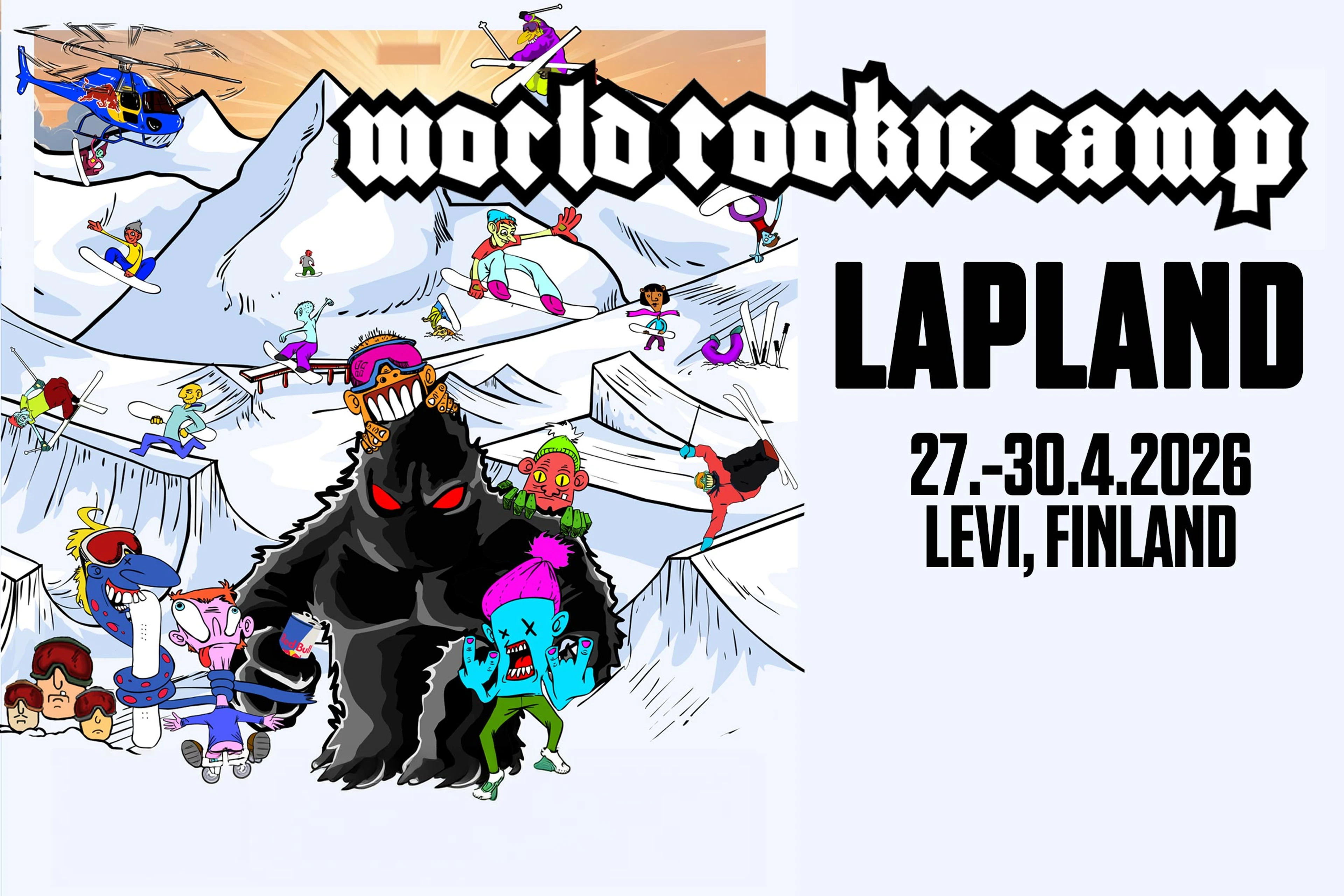 Värikkäässä animoidussa kuvassa laskettelurinteellä on useita hahmoja. Etualalla on iso musta hirviömäinen olento ja värikkäitä hahmoja laskettelemassa vuorilla.