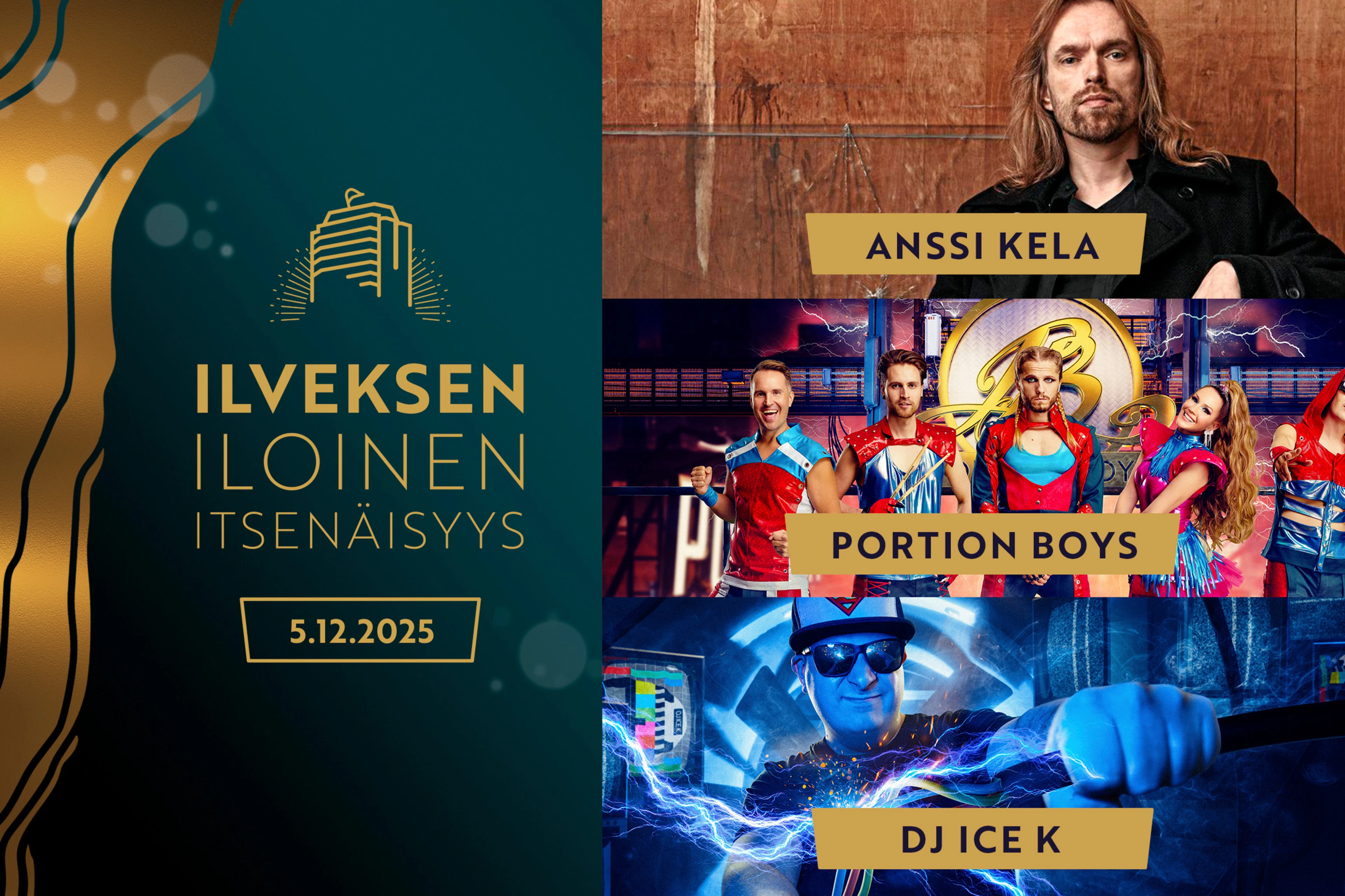 Ilveksen Iloinen Itsenäisyys tapahtumamainos, jossa artistien kuvat.