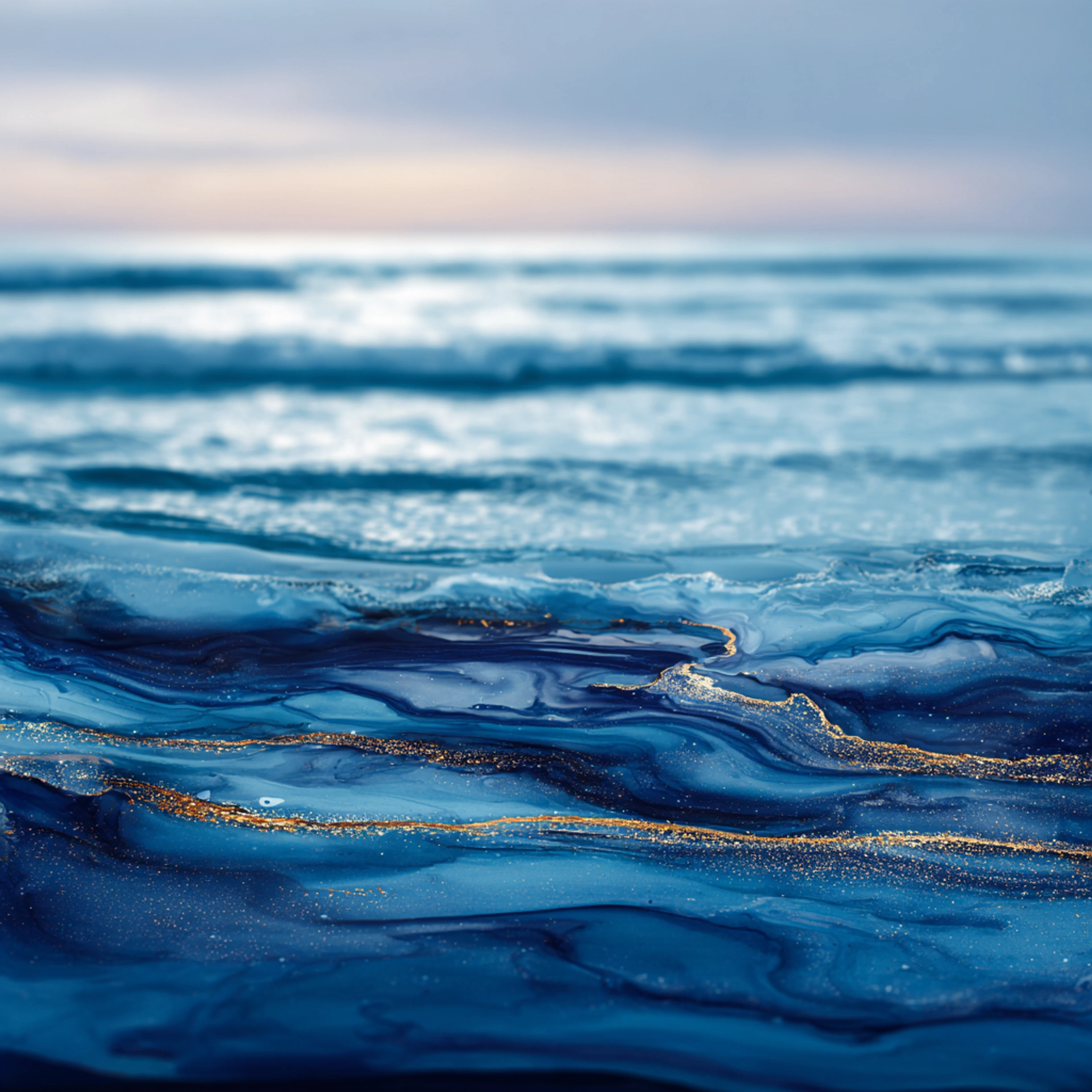 Taiteellinen kuva sinisistä merenaalloista, joissa kulkee kultaisia suonia ja välkehtivää hohtoa pastellinsävyisen taivaan alla.