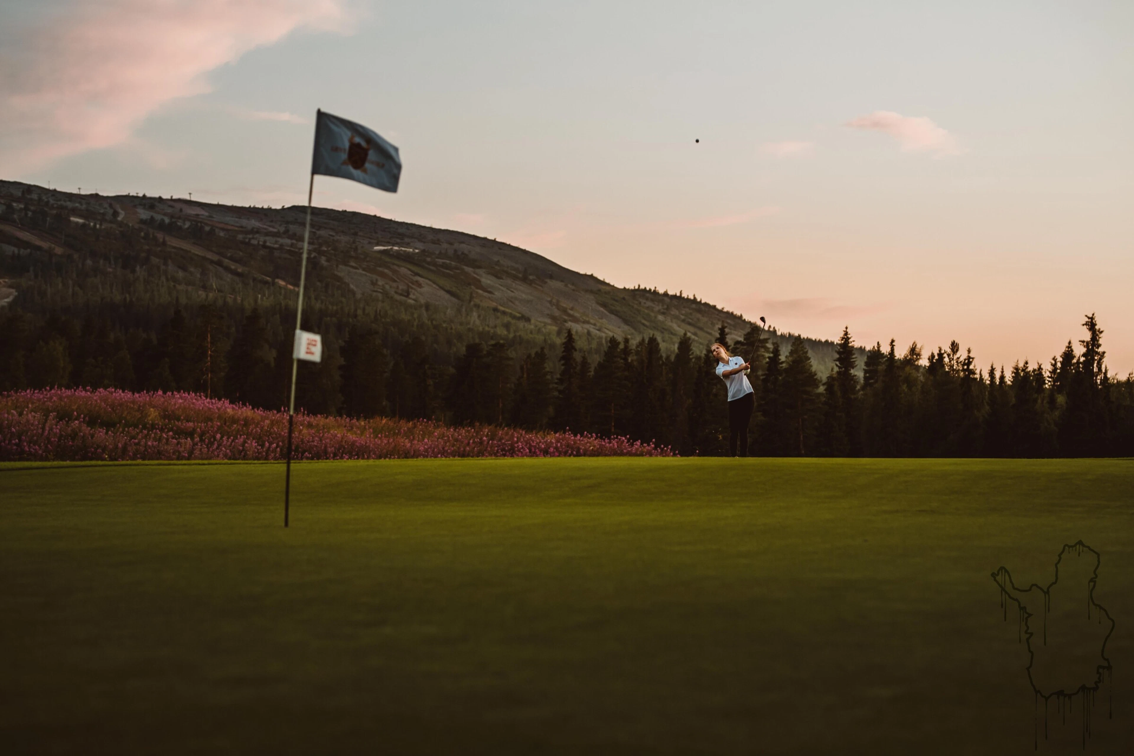 Golfkenttä viheriöllä ja lippu, taustalla tunturi ja mäntymetsä, pinkki horsmakasvusto.