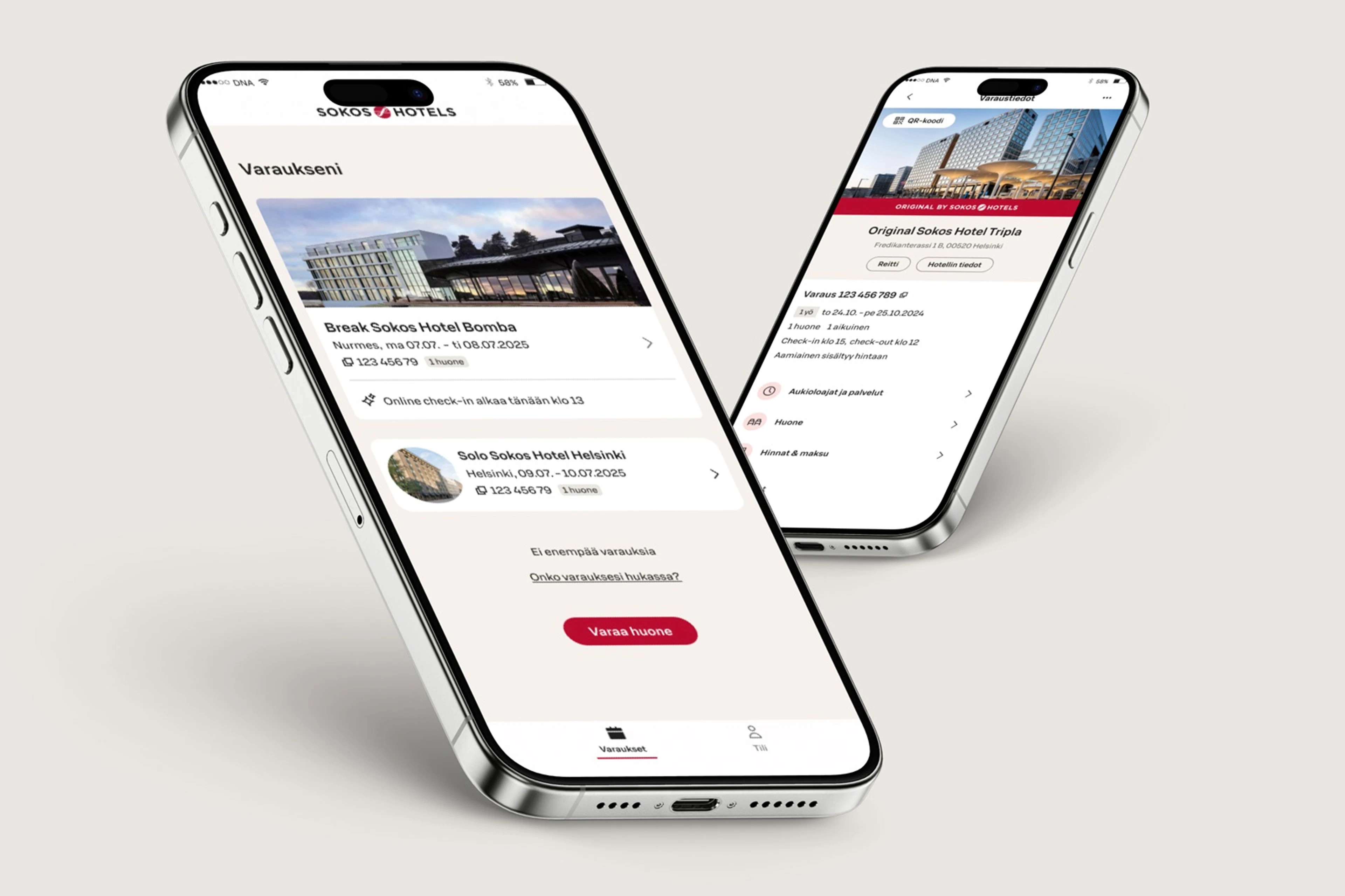 Kaksi älypuhelinta, joissa näkyy Sokos Hotels -mobiilisovellus..