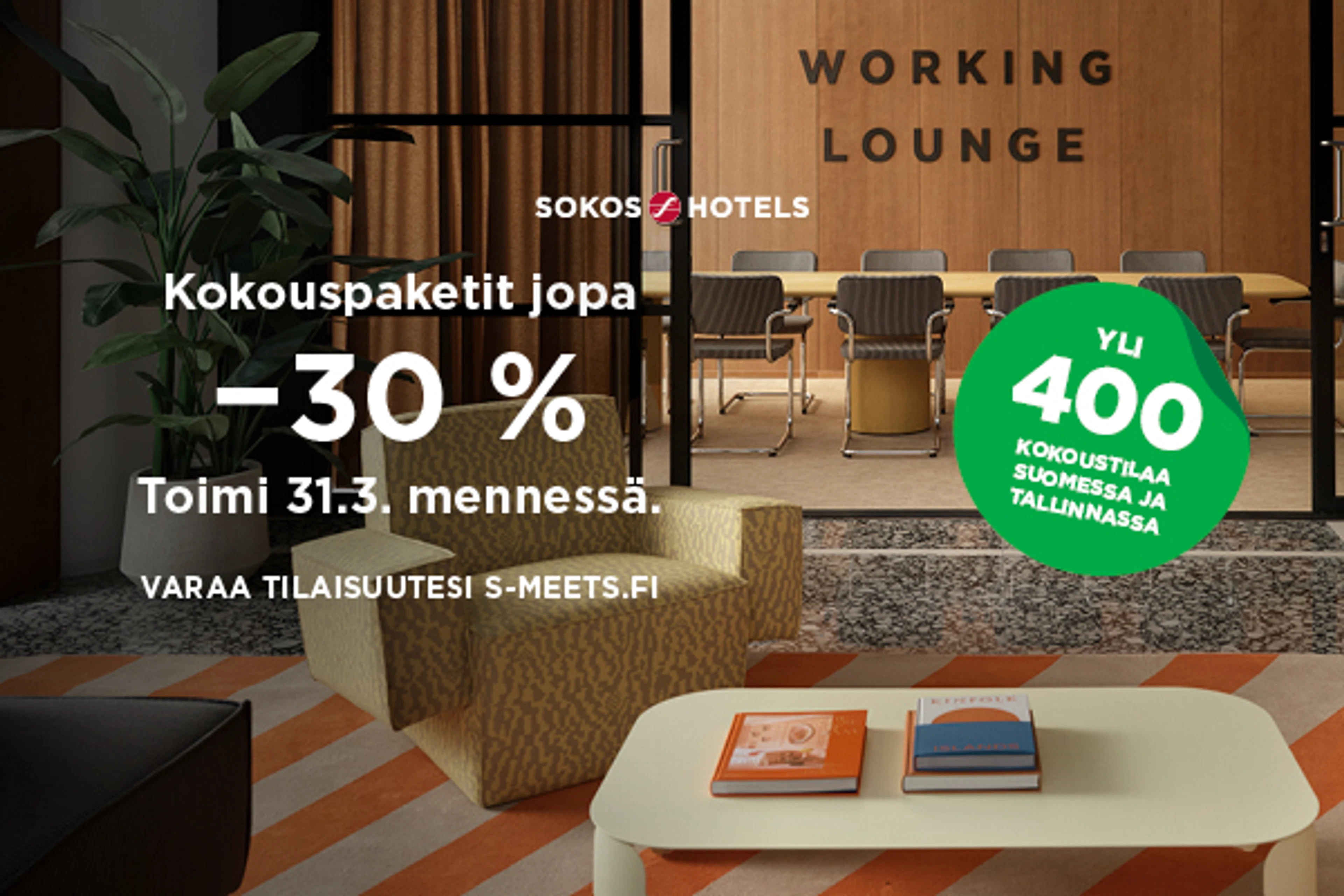 Kokoustila ja tarjoushinta -30%