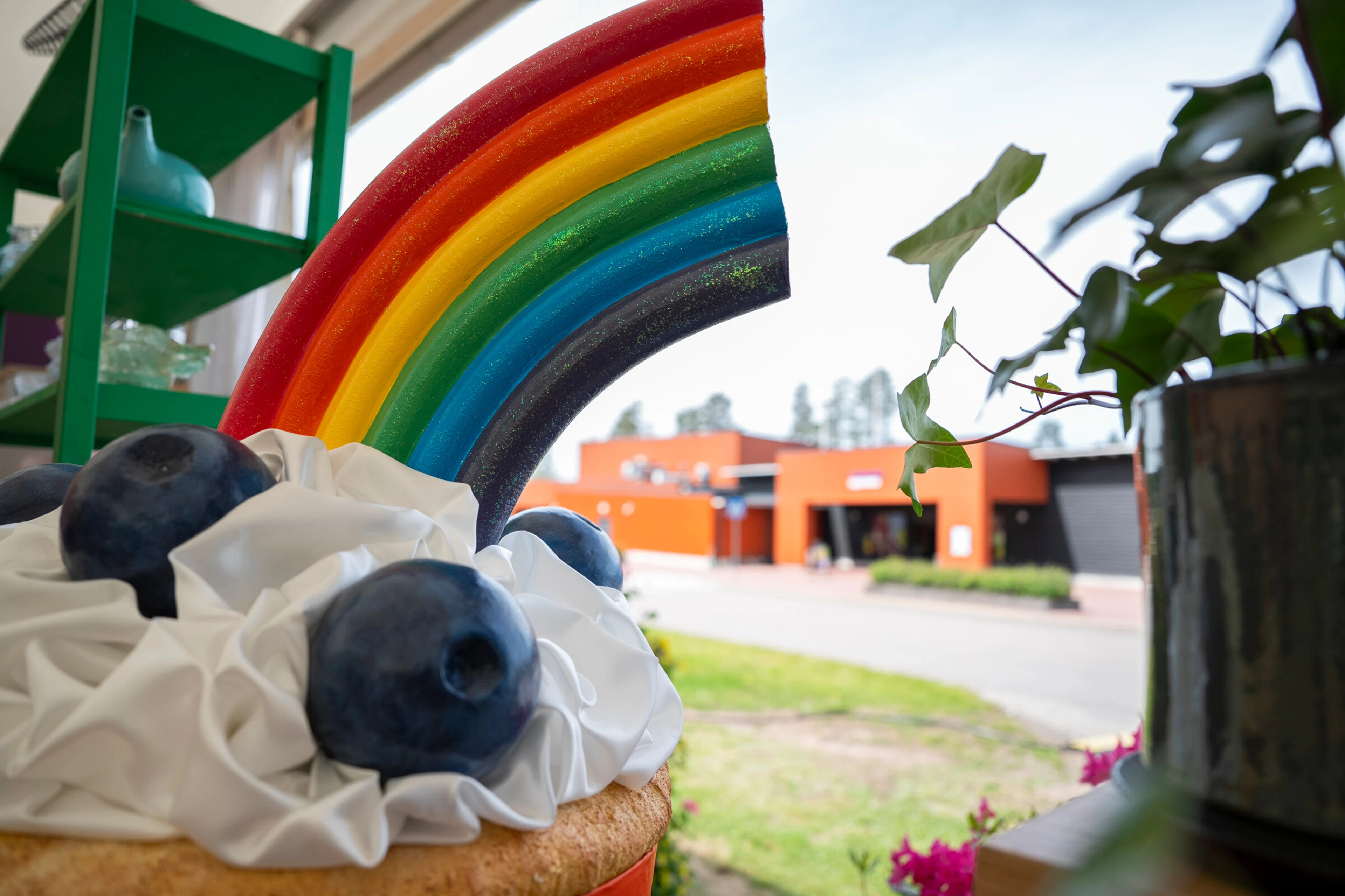 Värikäs sateenkaarikakku mustikoin koristeltuna, vihreän hyllyn ja vihreiden kasvien vieressä. Taustalla näkyy oranssi rakennus.